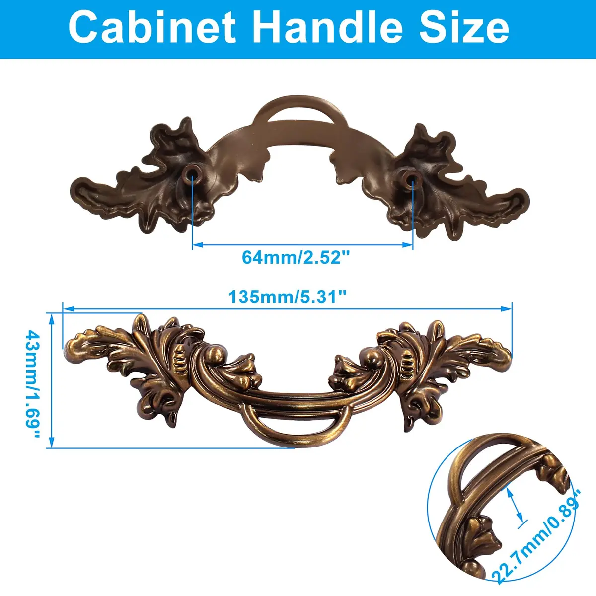 Biaungdo Vintage Cabinet Pulls Handles, 12 Pcs, Bronze | Retro Zinc Alloy Drawer Pulls with 64mm (2.5in) Screw Hole Distance - view 2
