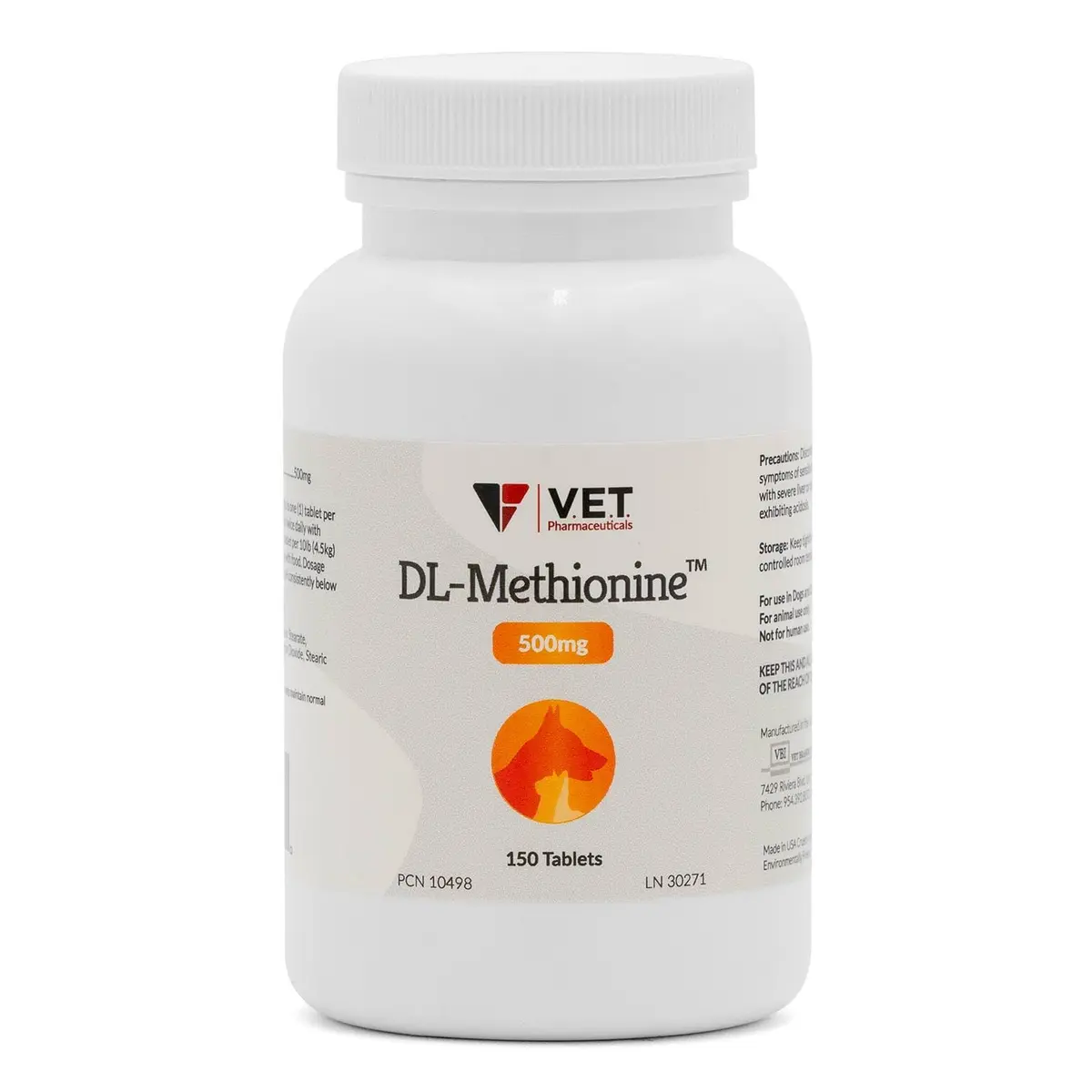 V.E.T. PHARMACEUTICALS DL Methionine Tablets 500mg | Urinary pH Support for Dogs & Cats - main product image