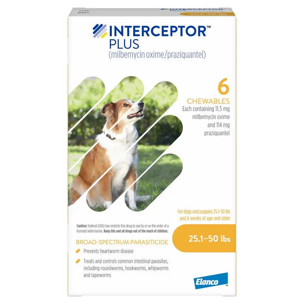 Interceptor Plus Monthly Tablets for Dogs 25.1-50 lbs | Heartworm & Worms Protection - main product image
