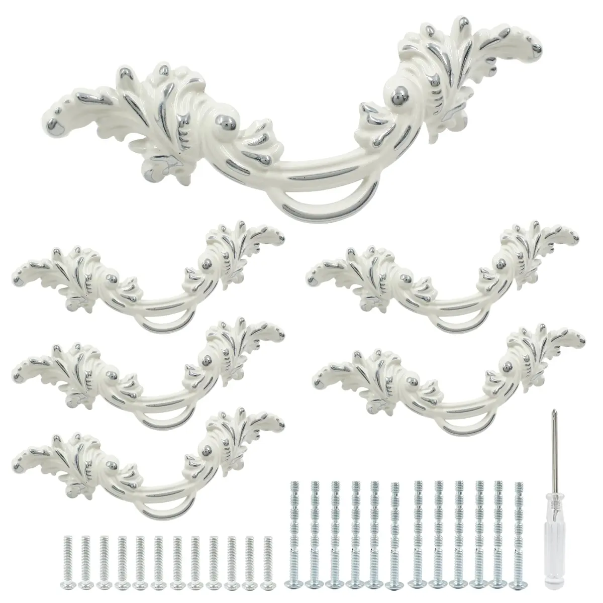 Biaungdo Vintage Cabinet Pull Handles, 6 Pcs, White & Silver Edge | Retro Zinc Alloy Handles - view 5