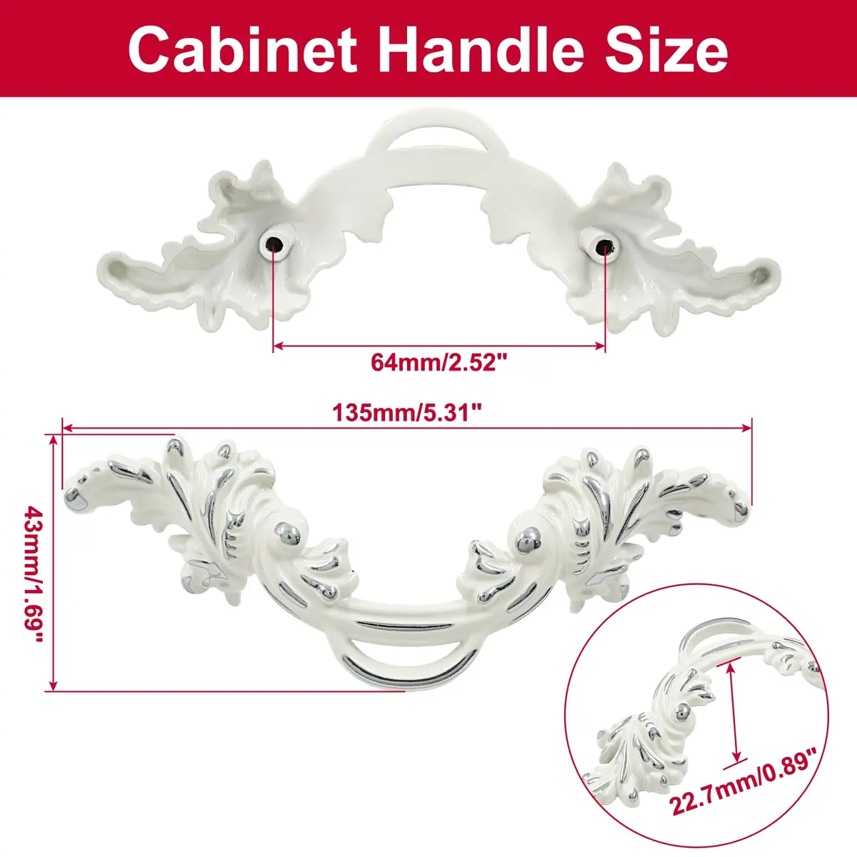 Biaungdo Vintage Cabinet Pull Handles, 6 Pcs, White & Silver Edge | Retro Zinc Alloy Handles - view 2