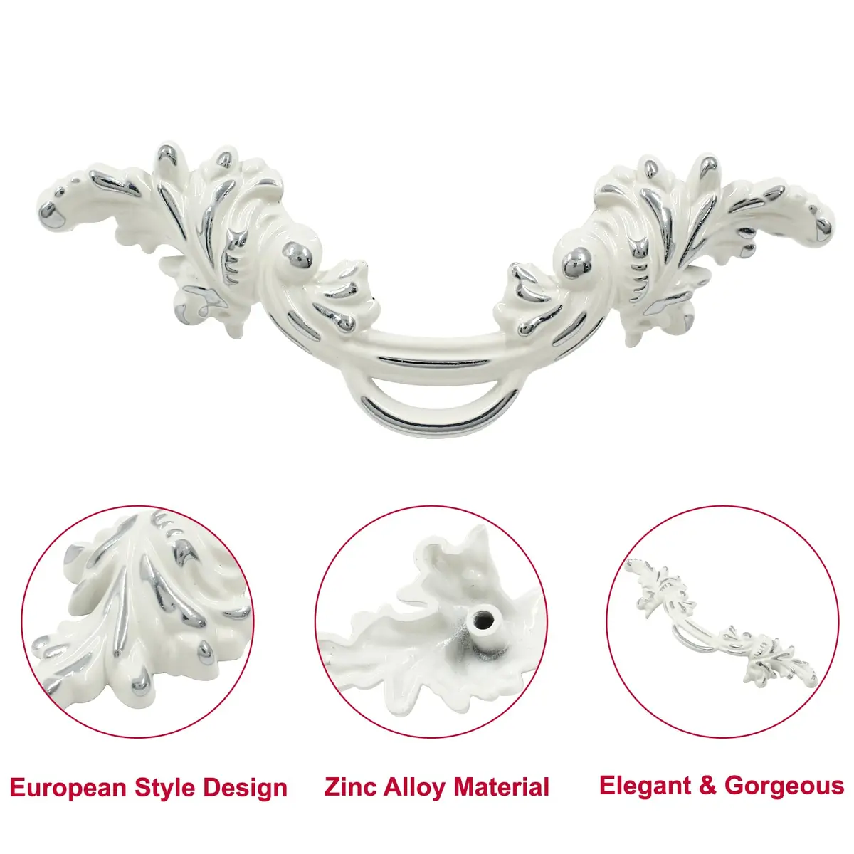 Biaungdo Vintage Cabinet Pull Handles, 6 Pcs, White & Silver Edge | Retro Zinc Alloy Handles - view 3