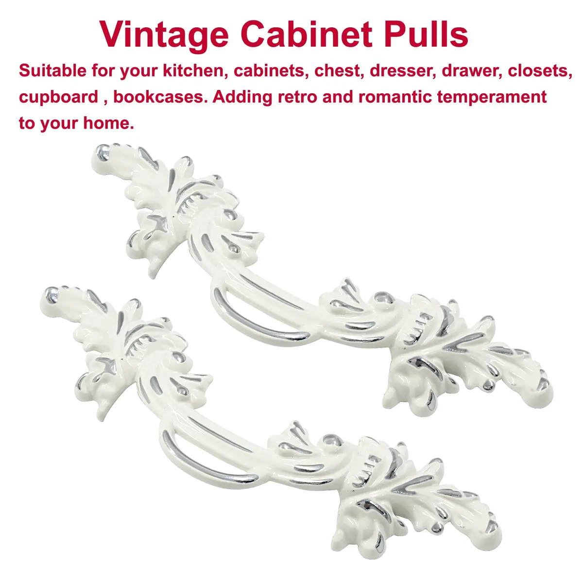 Biaungdo Vintage Cabinet Pull Handles, 6 Pcs, White & Silver Edge | Retro Zinc Alloy Handles - view 4