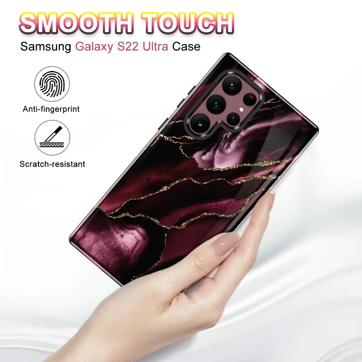 Btscase Samsung Galaxy S22 Ultra 5G Case, Marble Pattern 3 in 1 Heavy Duty Shockproof Full Body Rugged Hard PC+Soft Silicone Drop Protective Women Girl Covers, Wine Red | Support Wireless Charging - view 5
