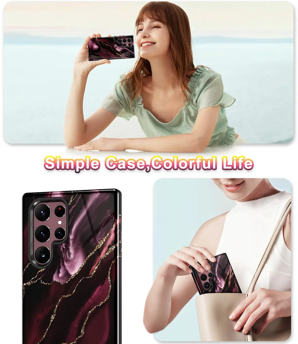 Btscase Samsung Galaxy S22 Ultra 5G Case, Marble Pattern 3 in 1 Heavy Duty Shockproof Full Body Rugged Hard PC+Soft Silicone Drop Protective Women Girl Covers, Wine Red | Support Wireless Charging - view 7