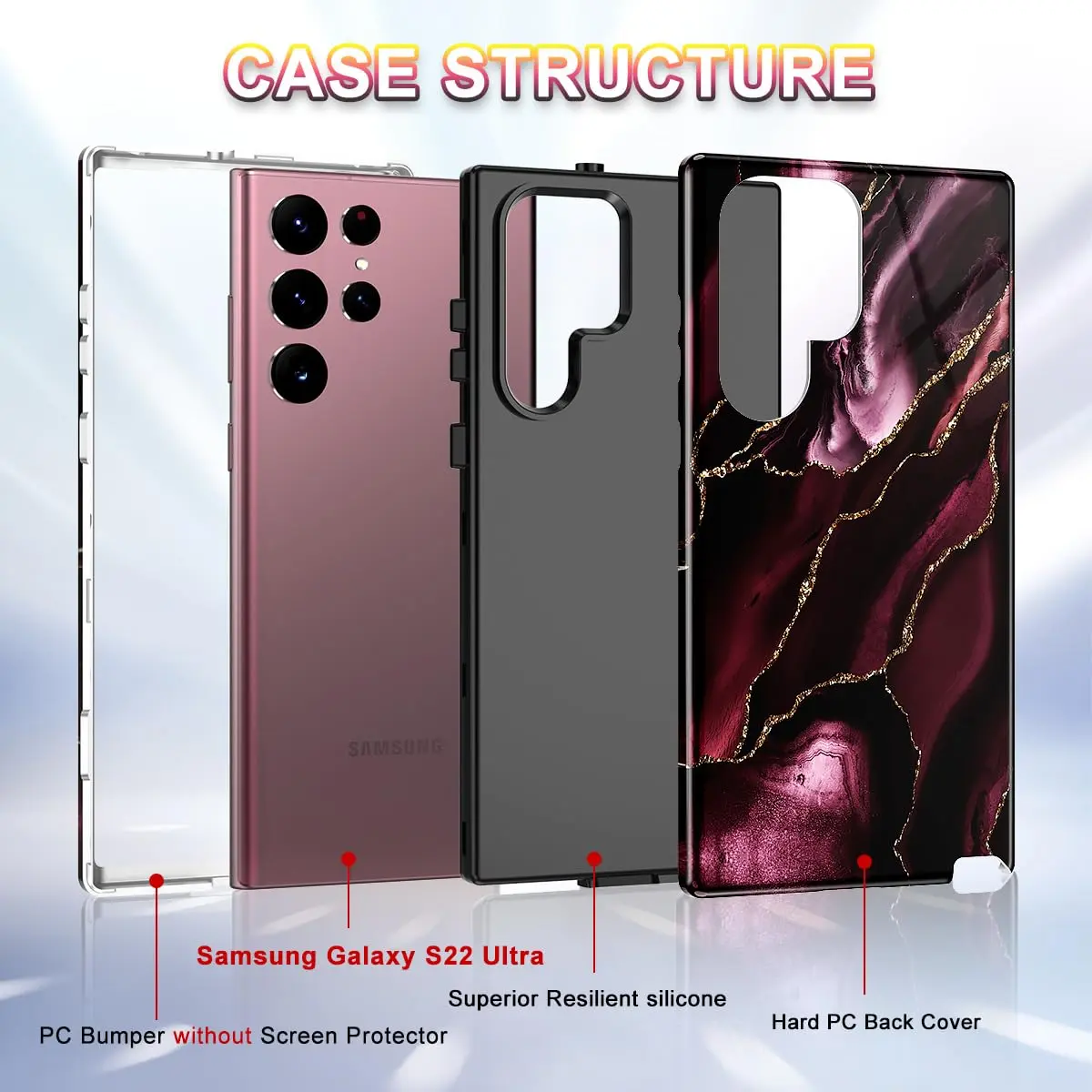 Btscase Samsung Galaxy S22 Ultra 5G Case, Marble Pattern 3 in 1 Heavy Duty Shockproof Full Body Rugged Hard PC+Soft Silicone Drop Protective Women Girl Covers, Wine Red | Support Wireless Charging - view 2