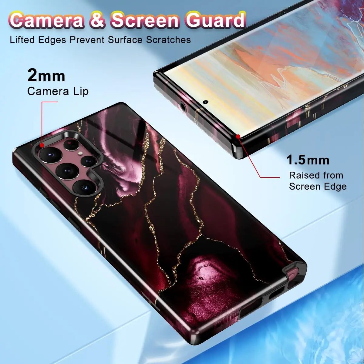 Btscase Samsung Galaxy S22 Ultra 5G Case, Marble Pattern 3 in 1 Heavy Duty Shockproof Full Body Rugged Hard PC+Soft Silicone Drop Protective Women Girl Covers, Wine Red | Support Wireless Charging - view 3