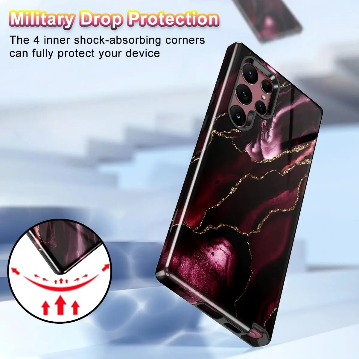 Btscase Samsung Galaxy S22 Ultra 5G Case, Marble Pattern 3 in 1 Heavy Duty Shockproof Full Body Rugged Hard PC+Soft Silicone Drop Protective Women Girl Covers, Wine Red | Support Wireless Charging - view 4