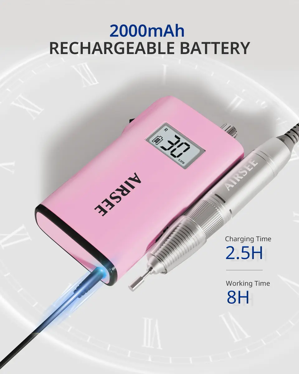 AIRSEE Rechargeable 30000RPM Electric Nail Drill E8 Pink | Professional Portable E File Machine - view 4