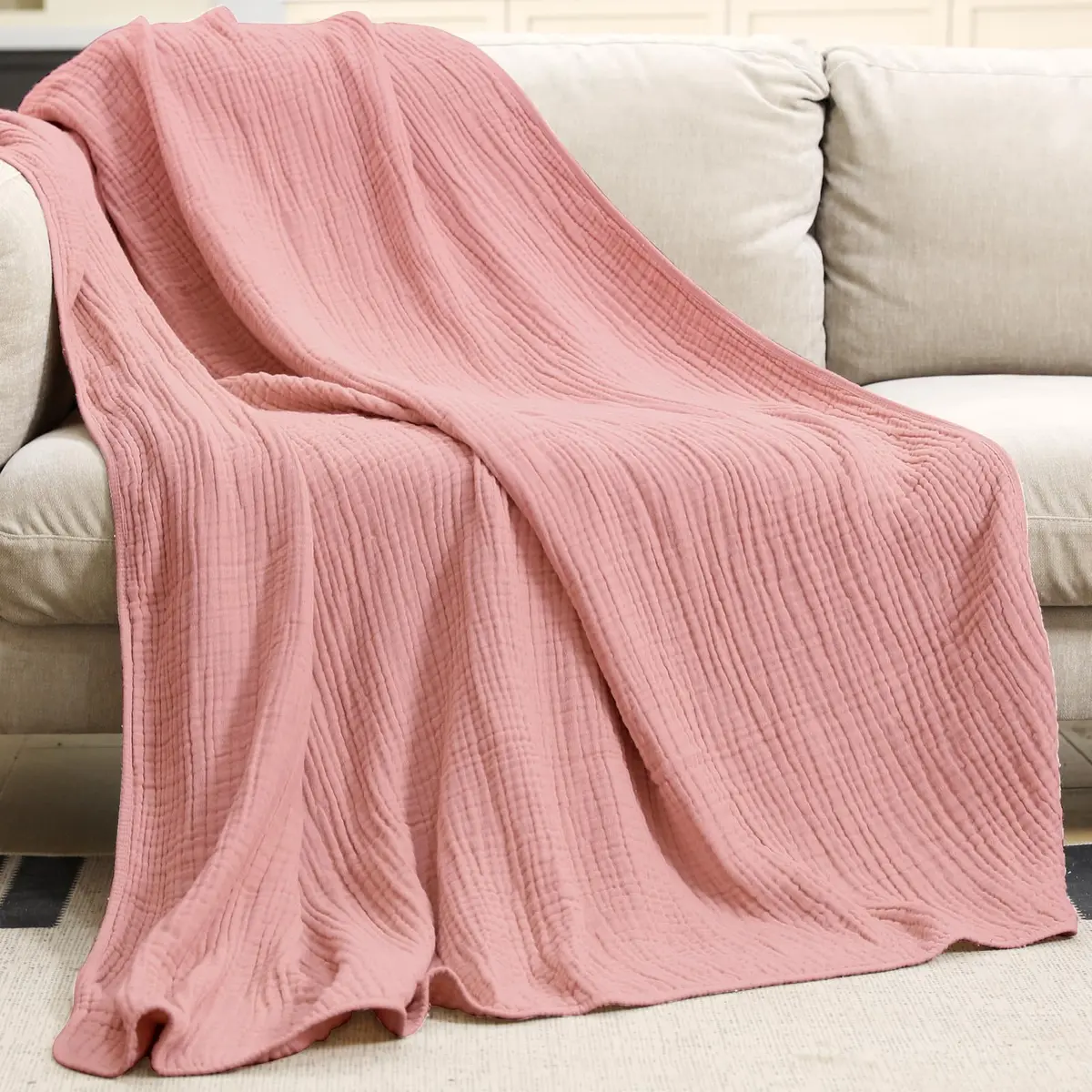 Yoofoss Muslin Blanket 60" x 80" | Organic Cotton Summer Bed & Couch Blanket - view 5