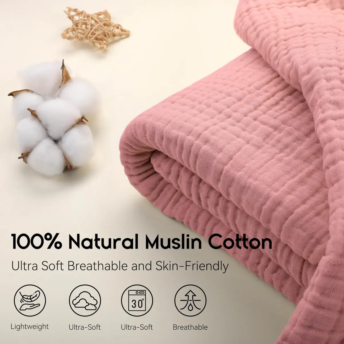 Yoofoss Muslin Blanket 60" x 80" | Organic Cotton Summer Bed & Couch Blanket - view 6