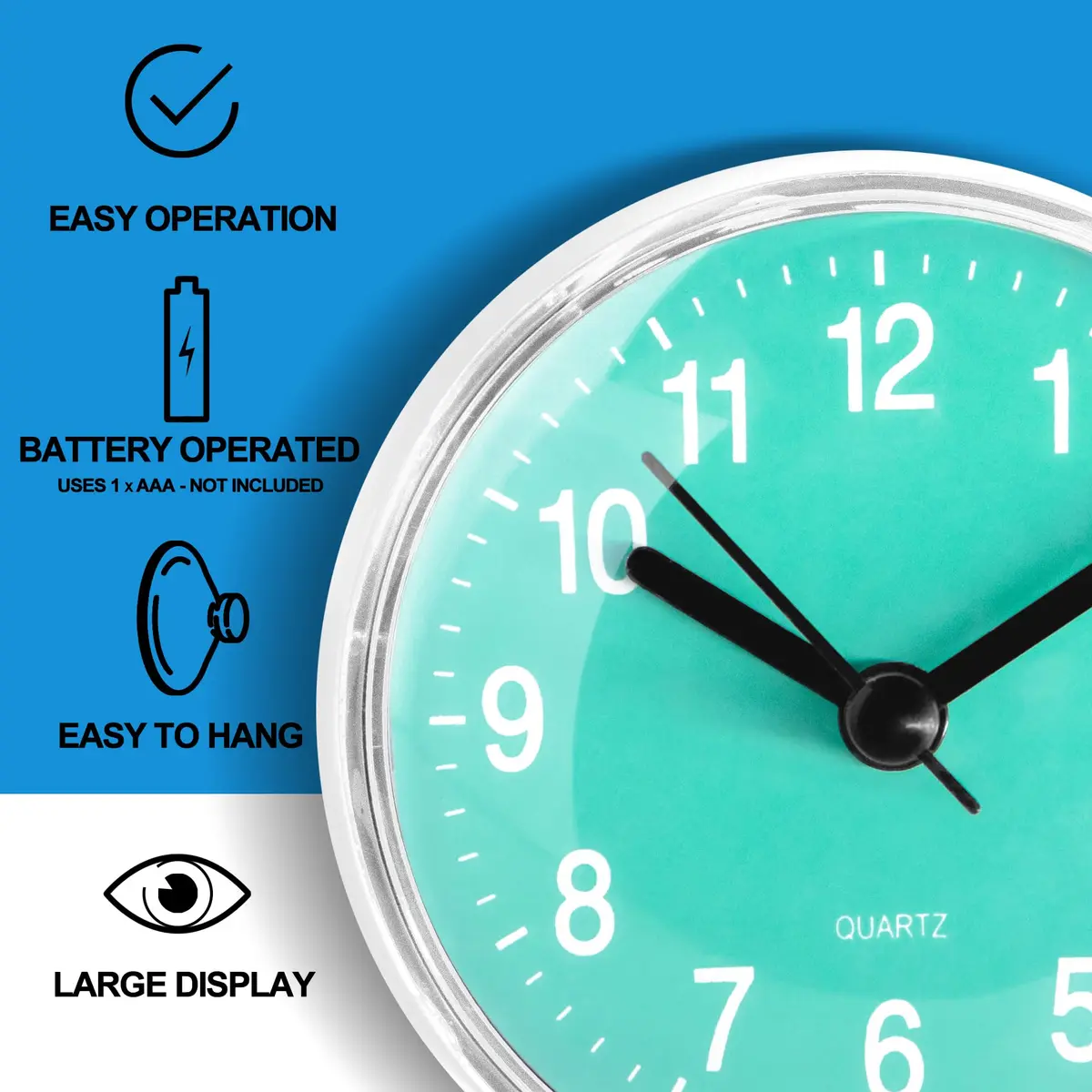 Betus Waterproof Bathroom Shower Clock with Large Suction Cup - Silent, Water Proof, Battery Operated Wall Clock for Toilet, Kitchen, Bedroom (Blue) | Easy Setup Analog Clock - view 4