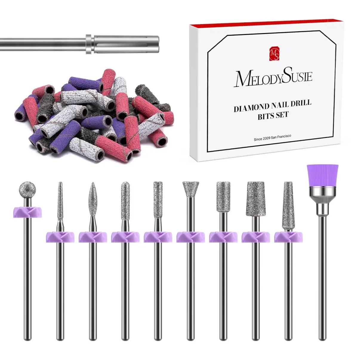 MelodySusie Diamond Nail Drill Bits Set with 40 Sanding Bands & Mandrel Bit | 50-Piece Set - main product image