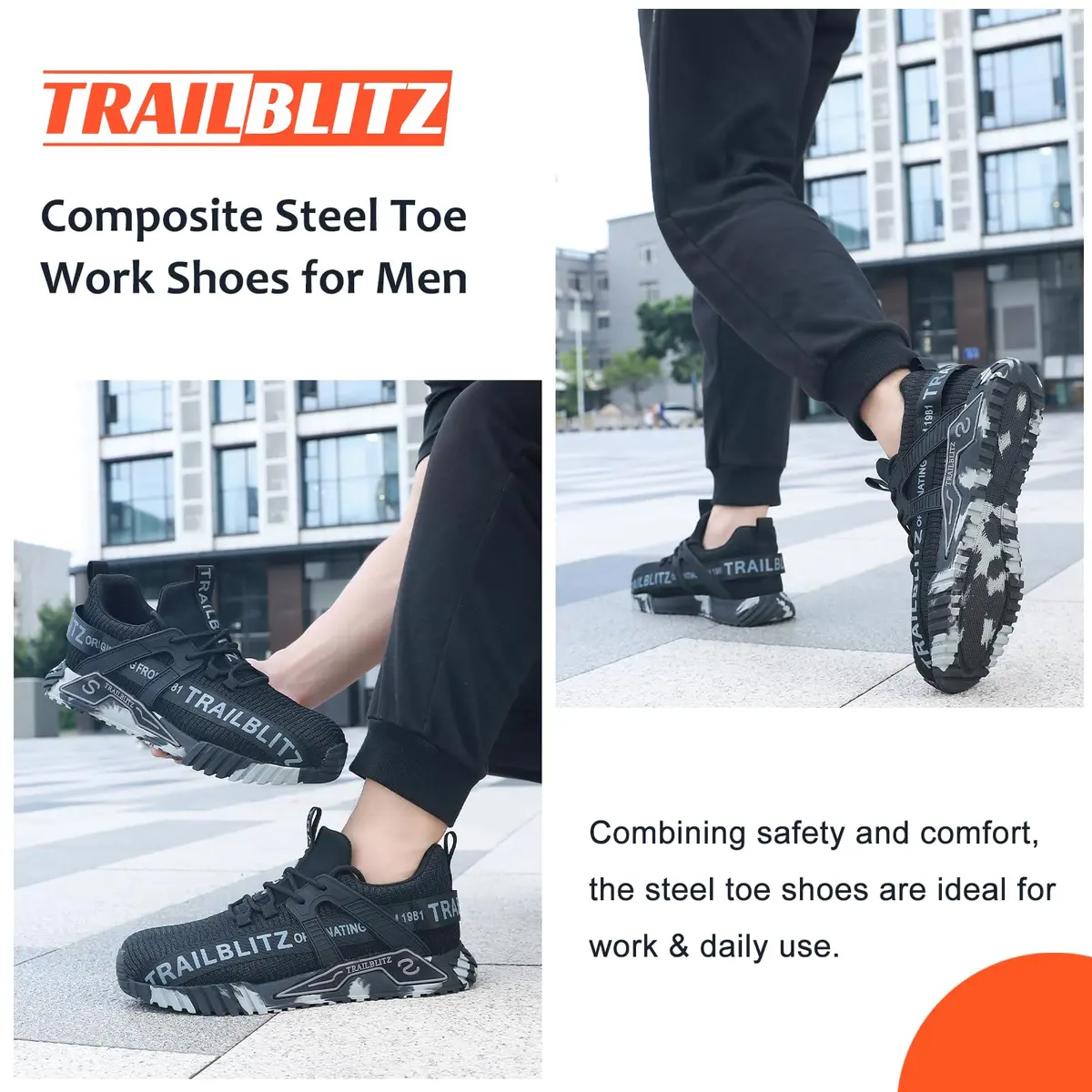 TRAILBLITZ Composite Steel Toe Work Shoes for Men Black | ASTM F2413-18 Certified Safety Sneakers - view 7