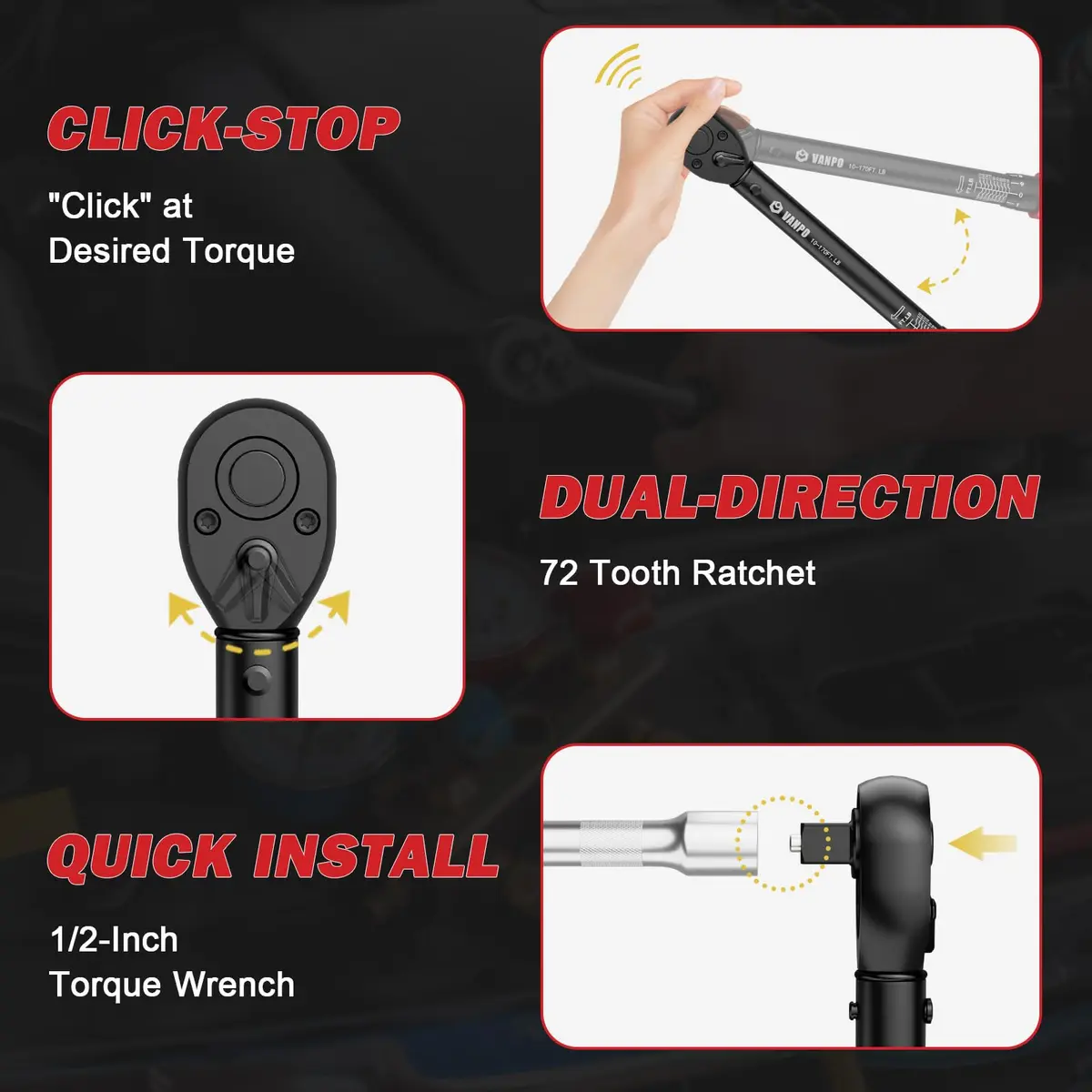 VANPO 1/2-Inch Drive Click Torque Wrench 10-170 Ft-Lb | Precise Automotive & Motorcycle Tool - view 2