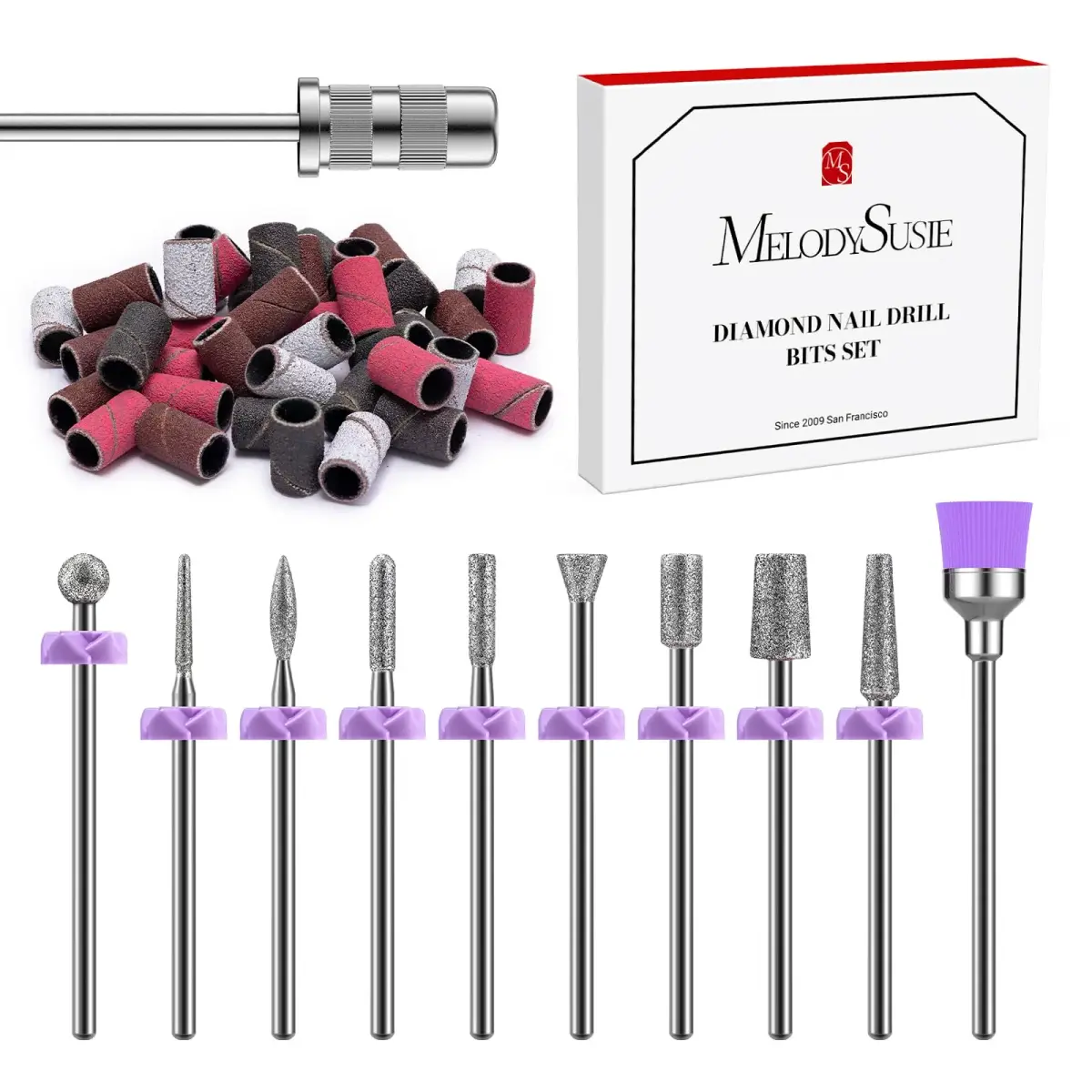 MelodySusie Diamond Nail Drill Bit Set with Sanding Bands & Mandrel Bit | 10Pcs Diamond Bits + 40pcs Sanding Bands (Grits #120/#180/#240) - main product image