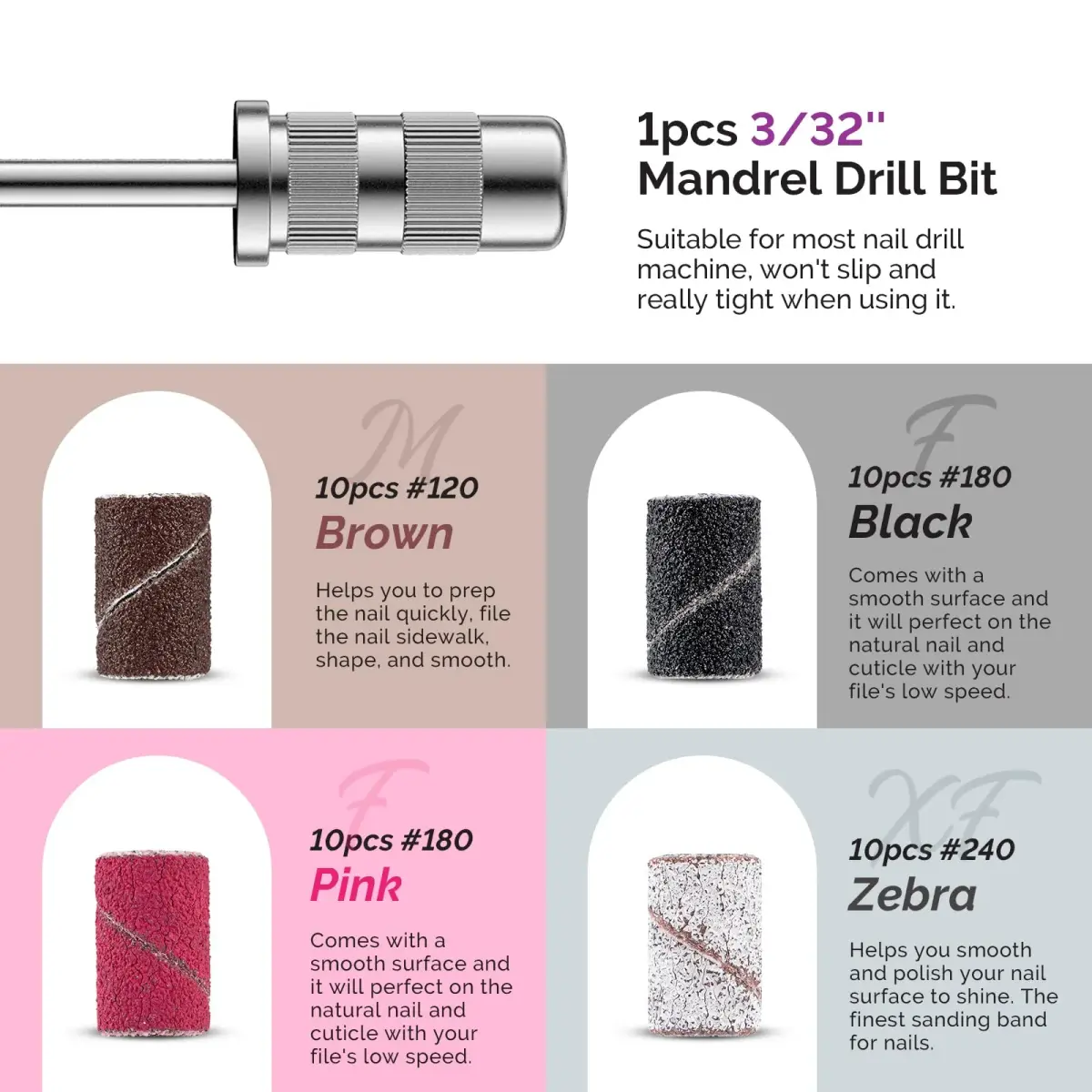 MelodySusie Diamond Nail Drill Bit Set with Sanding Bands & Mandrel Bit | 10Pcs Diamond Bits + 40pcs Sanding Bands (Grits #120/#180/#240) - view 5