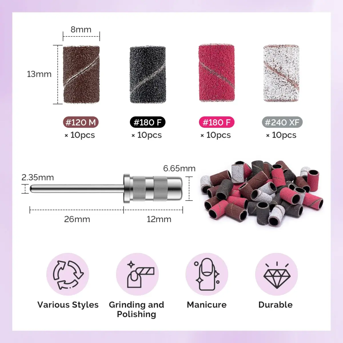 MelodySusie Diamond Nail Drill Bit Set with Sanding Bands & Mandrel Bit | 10Pcs Diamond Bits + 40pcs Sanding Bands (Grits #120/#180/#240) - view 6