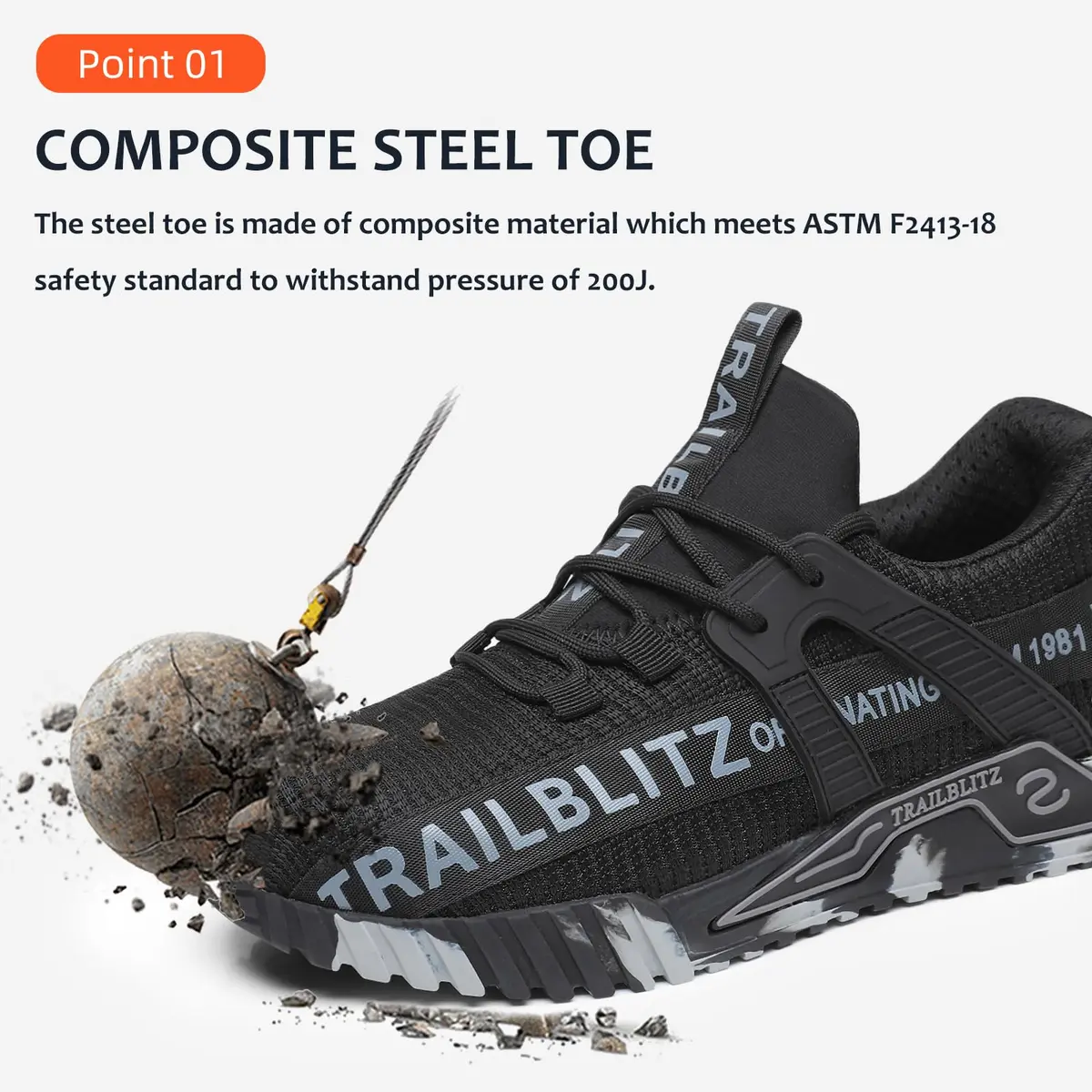 TRAILBLITZ Composite Steel Toe Shoes for Men Work Safety Sneakers 9 Black | Lightweight Breathable Industrial Footwear - view 2