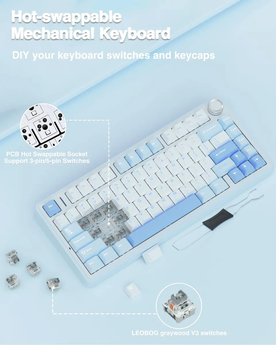 AULA F75 Wireless Mechanical Keyboard 75% RGB Backlit, Hot Swappable, Type-C & Bluetooth, Salt White Blue | Gaming & Office - view 6