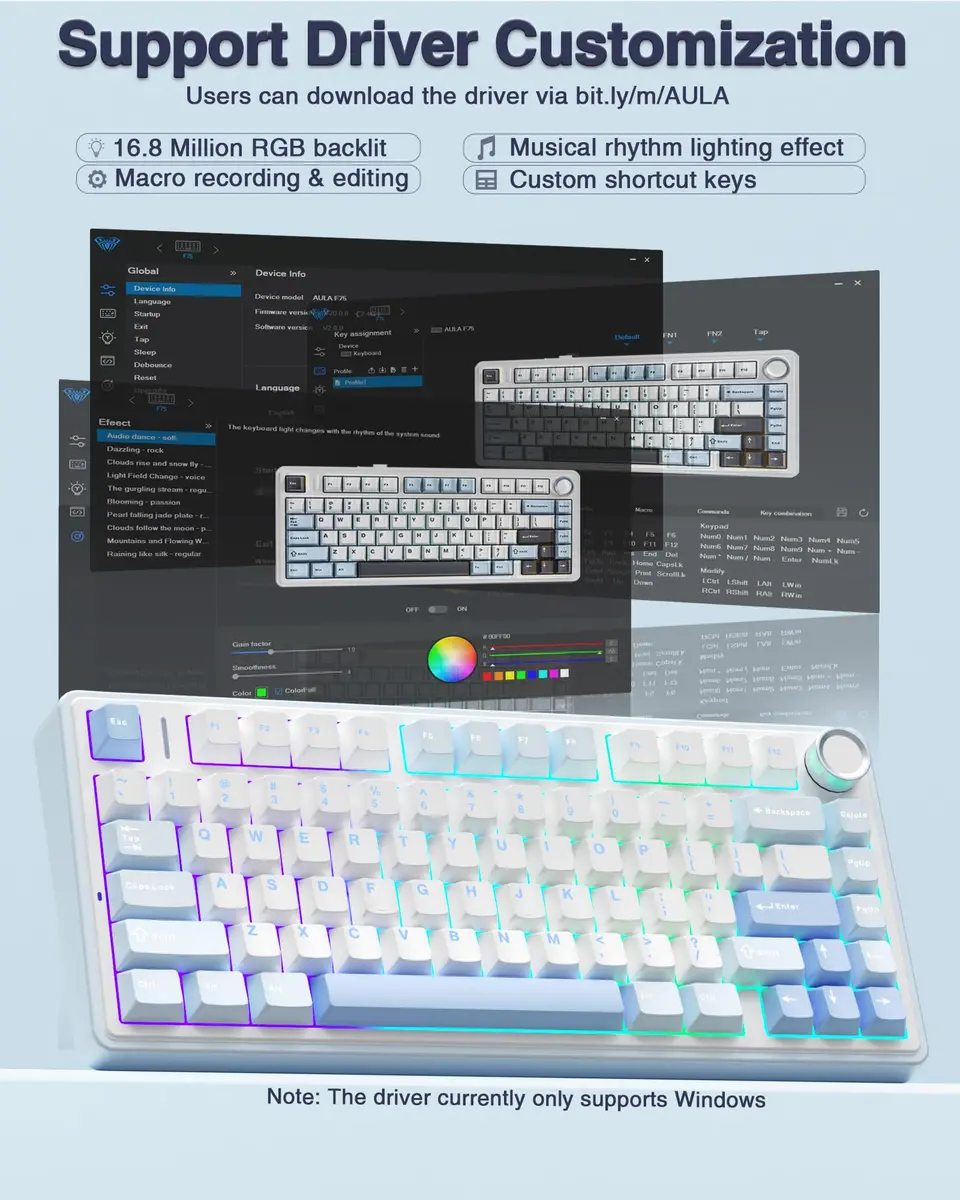 AULA F75 Wireless Mechanical Keyboard 75% RGB Backlit, Hot Swappable, Type-C & Bluetooth, Salt White Blue | Gaming & Office - view 7