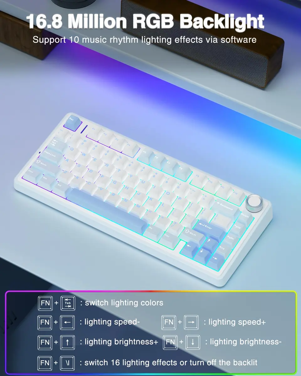 AULA F75 Wireless Mechanical Keyboard 75% RGB Backlit, Hot Swappable, Type-C & Bluetooth, Salt White Blue | Gaming & Office - view 4
