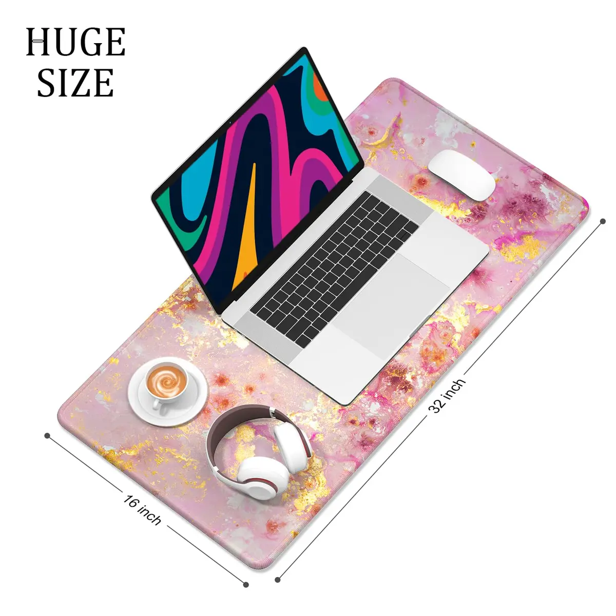 Niniubye Desk Mat 32" x 16" Pink Gold Marble | XXL Extended Large Gaming Mouse Pad for Desk, Office & Gaming - view 3
