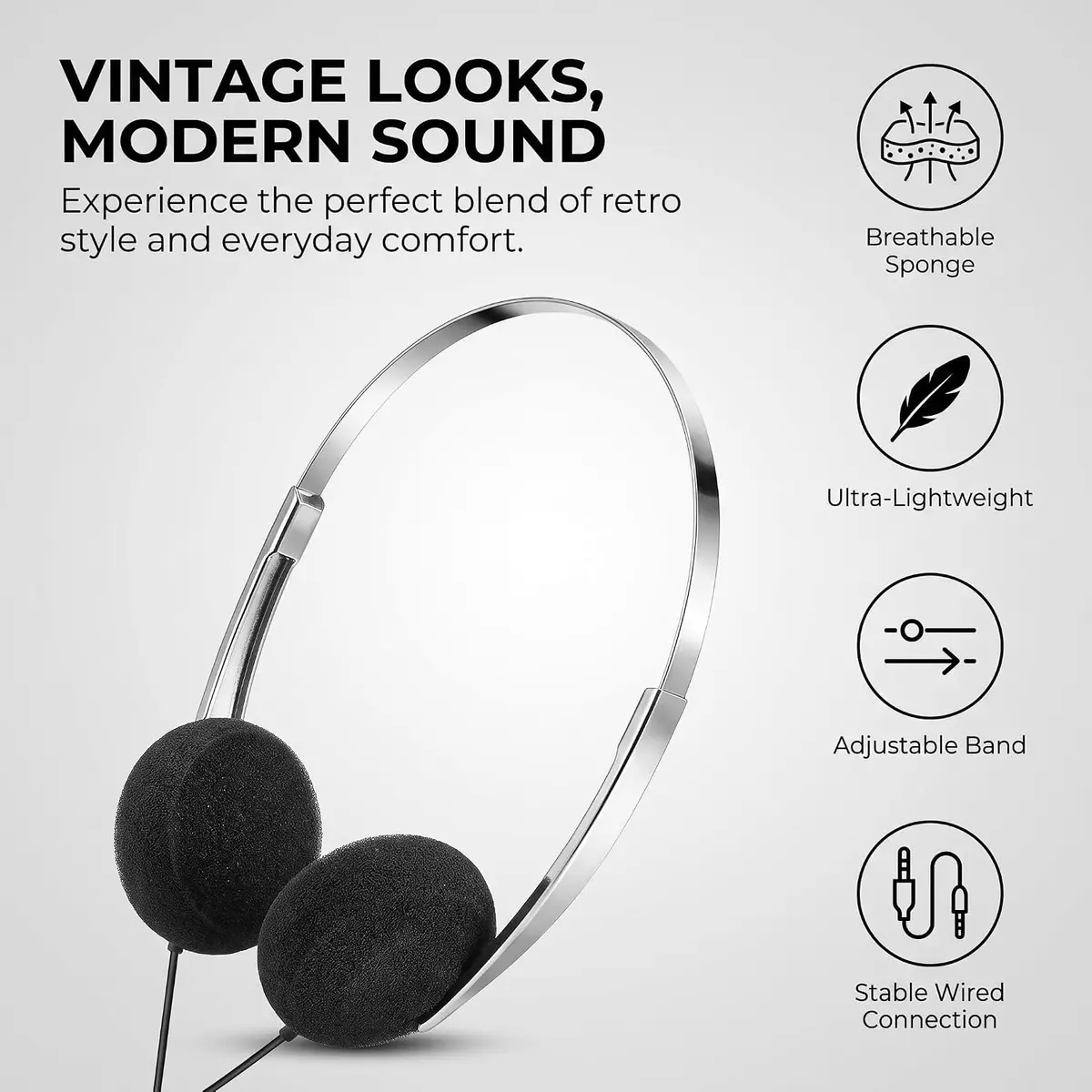 Galepromot Black Retro Over-Ear Headphones with Cord | Hi-Fi Stereo Sound - view 7