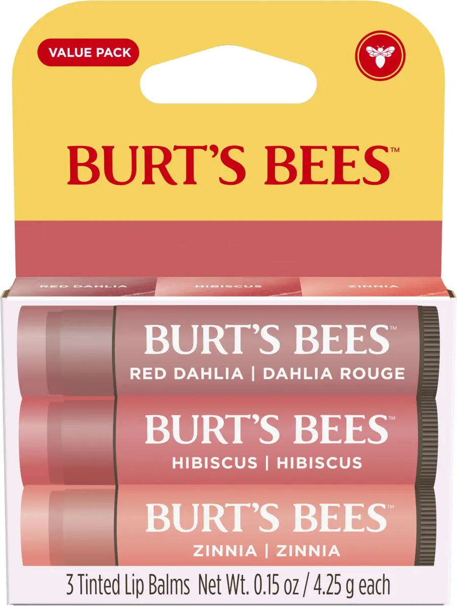Burt's Bees Tinted Lip Balm Red Dahlia, Hibiscus, Zinnia 3x0.15oz | Natural Tint & Hydration - main product image