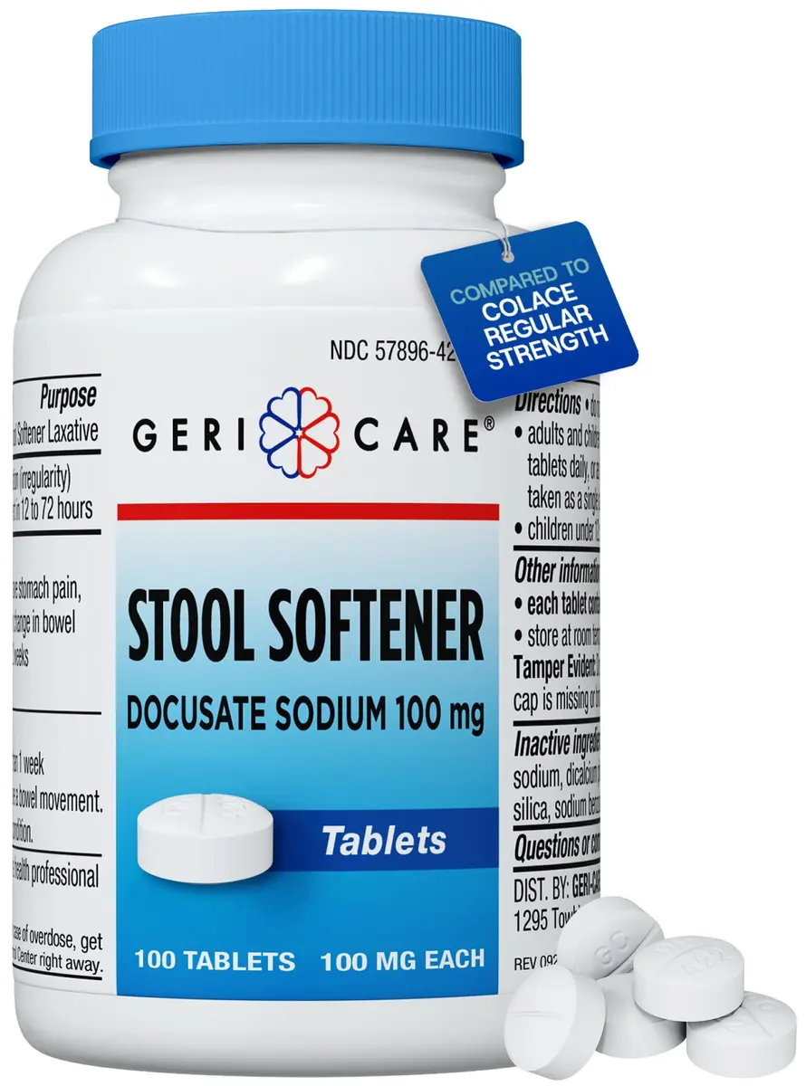 GeriCare Docusate Sodium Stool Softeners 100mg | Dye-Free, Crushable Tablets for Constipation Relief (100 Count) - main product image