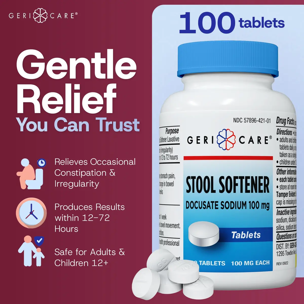 GeriCare Docusate Sodium Stool Softeners 100mg | Dye-Free, Crushable Tablets for Constipation Relief (100 Count) - view 2