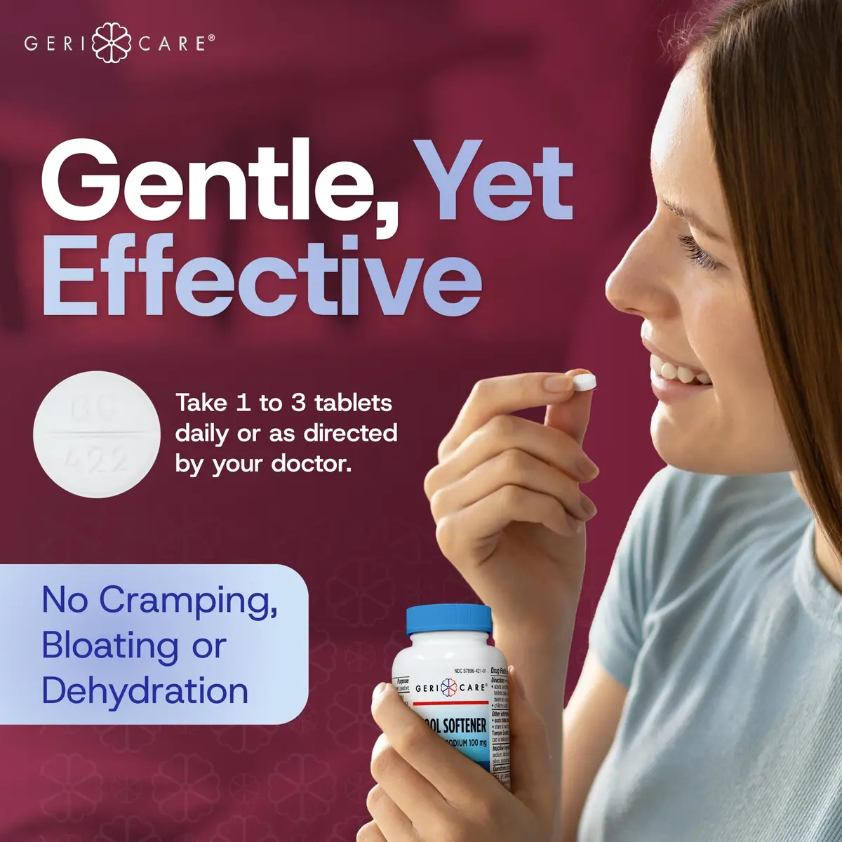 GeriCare Docusate Sodium Stool Softeners 100mg | Dye-Free, Crushable Tablets for Constipation Relief (100 Count) - view 3