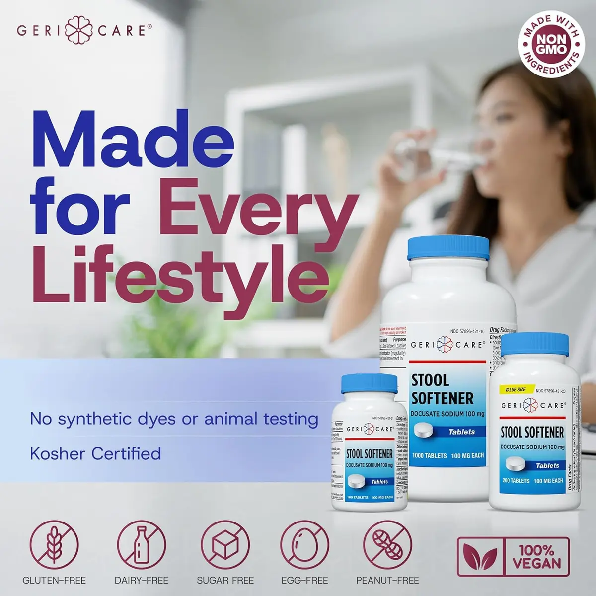 GeriCare Docusate Sodium Stool Softeners 100mg | Dye-Free, Crushable Tablets for Constipation Relief (100 Count) - view 4