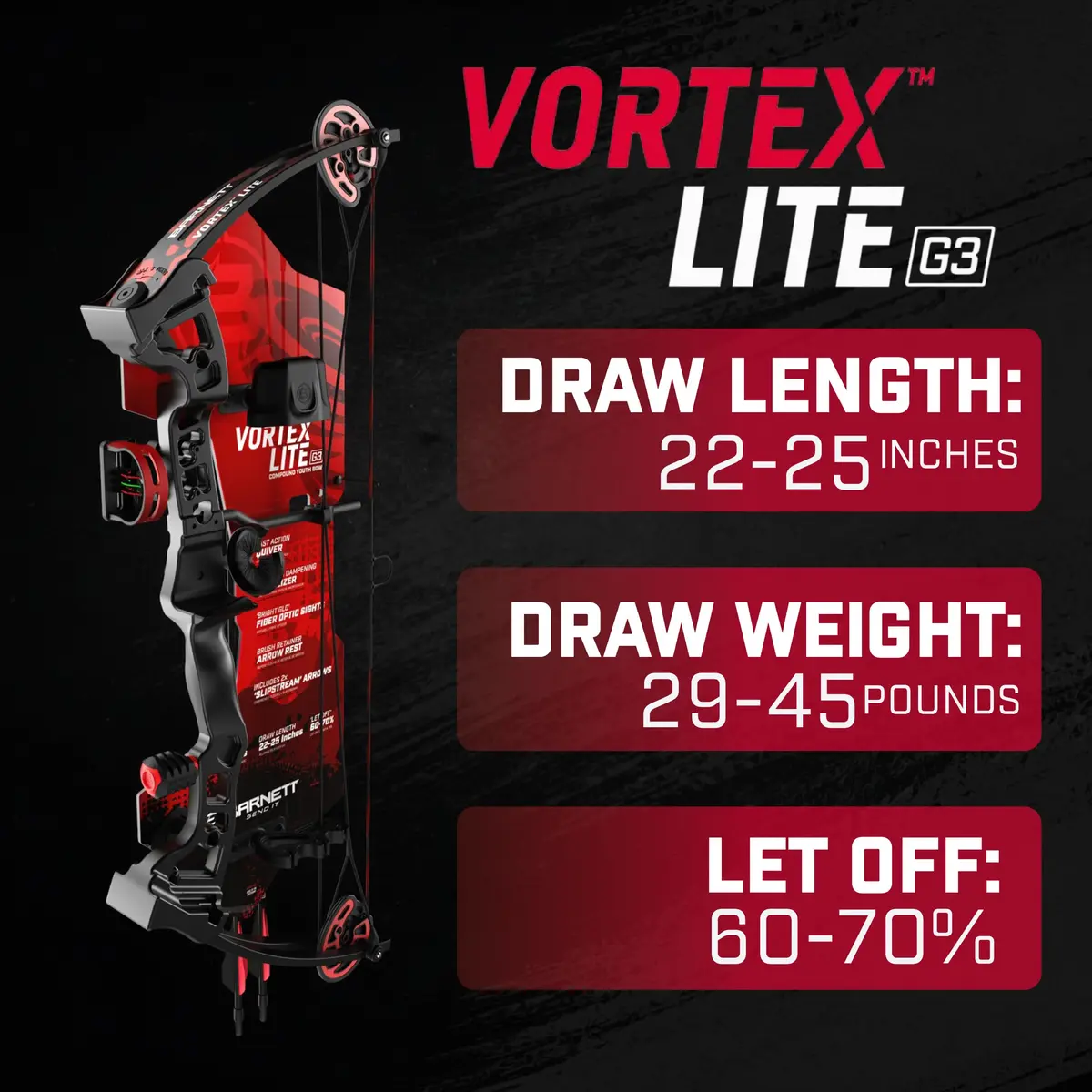 Barnett Vortex Lite G3 Youth Bow 22-25in Draw, 18-29lb, Fiber Optic Sight, D Loop, Quiver, Safety (110c) - view 3