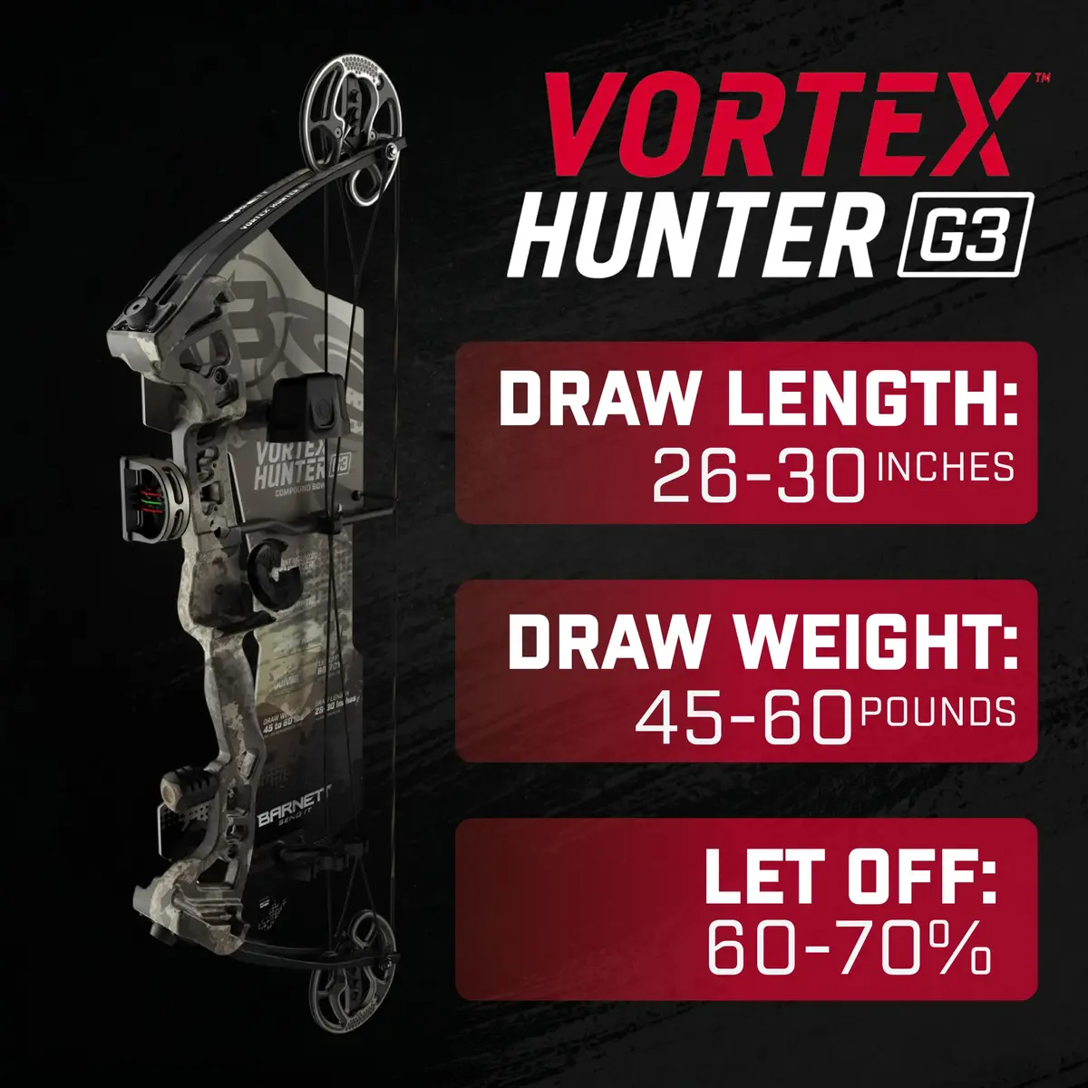 Barnett Vortex Hunter G3 Compound Bow 45-60lb | Adjustable 26-30in, Veil Camo, for Teens & Adults - view 2