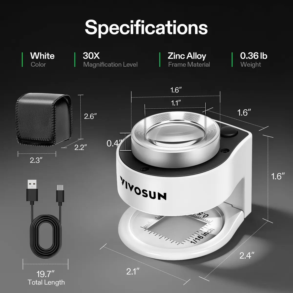 VIVOSUN 30X Rechargeable Magnifier with Dual LED & UV Light, White | Optical Glass Lens for Jewelry, Gems, Coins, Stamps, Rocks, Plants - view 2