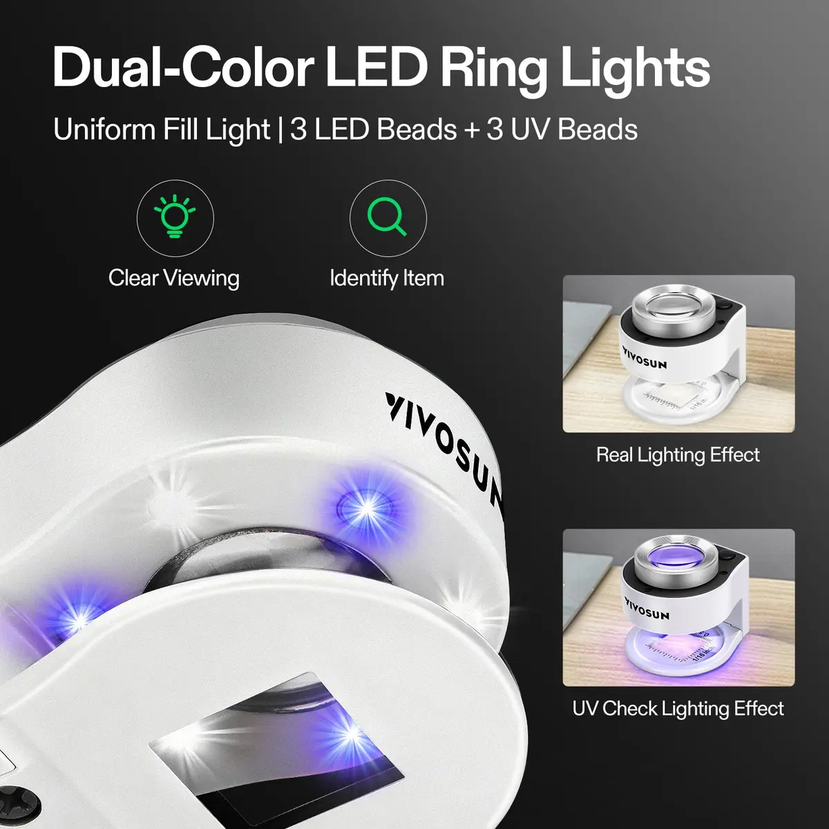 VIVOSUN 30X Rechargeable Magnifier with Dual LED & UV Light, White | Optical Glass Lens for Jewelry, Gems, Coins, Stamps, Rocks, Plants - view 3