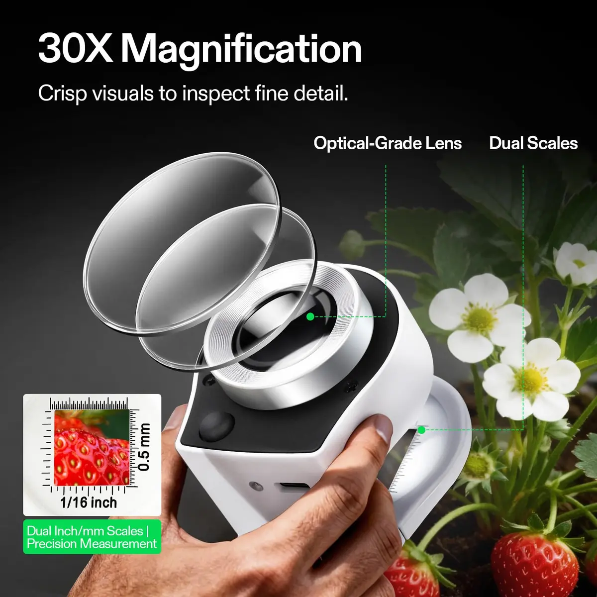 VIVOSUN 30X Rechargeable Magnifier with Dual LED & UV Light, White | Optical Glass Lens for Jewelry, Gems, Coins, Stamps, Rocks, Plants - view 4