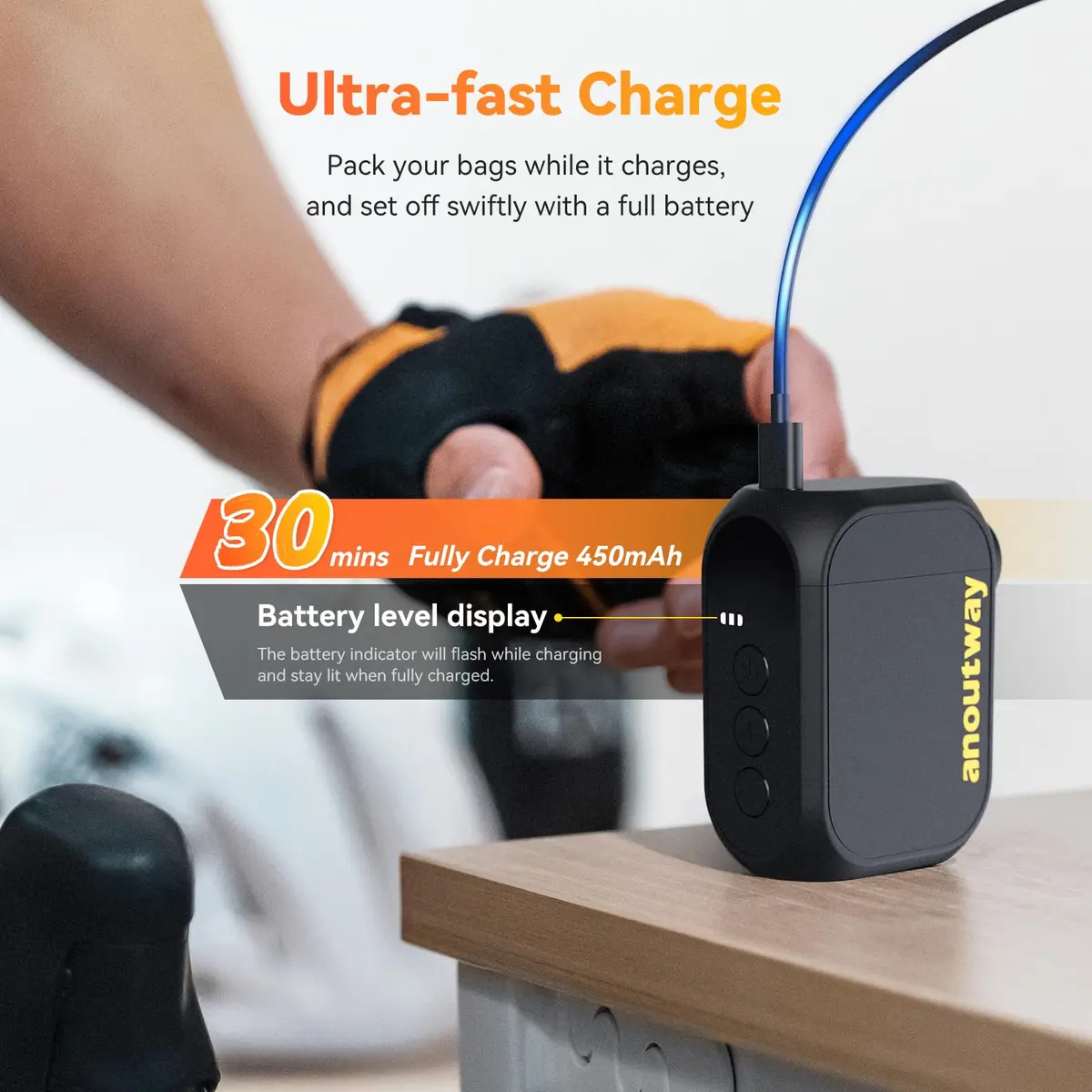 anoutway AT1 PRO Electric Bike Pump with Gauge 120PSI Portable | Real-Time Pressure Tracking - view 6