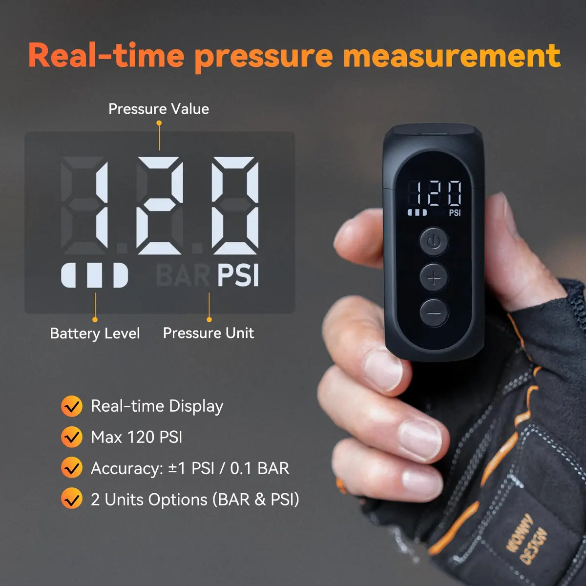 anoutway AT1 PRO Electric Bike Pump with Gauge 120PSI Portable | Real-Time Pressure Tracking - view 2