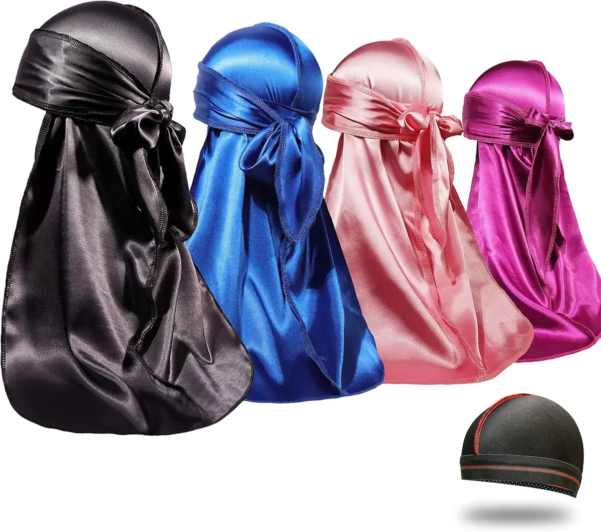 ForceWave Silky Durags and Wave Cap Set (5-Pack, Black Blue Pink Purple) | Moisture-Retaining Satin for 360 Waves - main product image