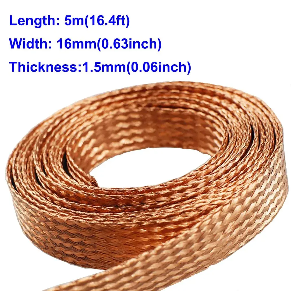 Euogeudel 16mm Flat Copper Braid Grounding Strap Wire (5m / 16.4ft) - Flexible Shielding Cable - view 2