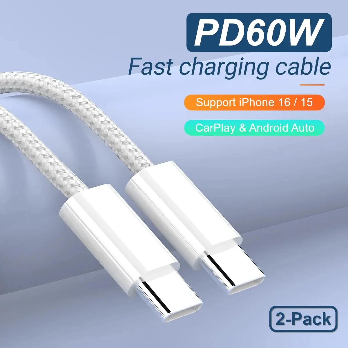 TOP-UP Braided USB C to USB C Cable 3.3FT 2 Pack | 60W PD Fast Charging & Data Sync - view 2
