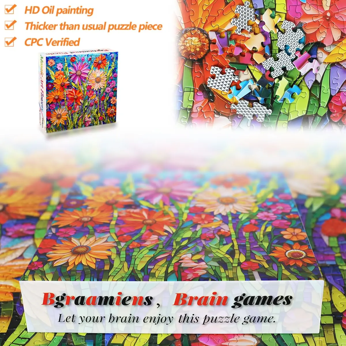 Bgraamiens Mosaic Art Flowers 1000 Piece Jigsaw Puzzle for Adults | 61cm x 61cm (24" x 24") - view 5