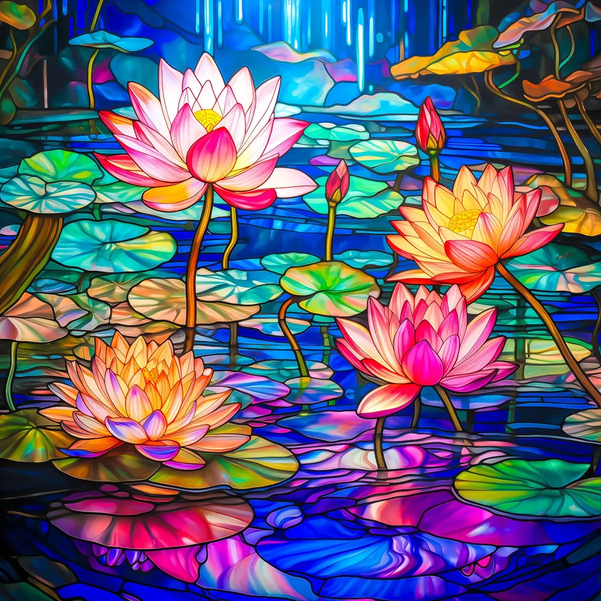 Bgraamiens Stained Glass Waterlily Jigsaw Puzzle 1000-Piece | Vibrant Floral Art for Adults - main product image