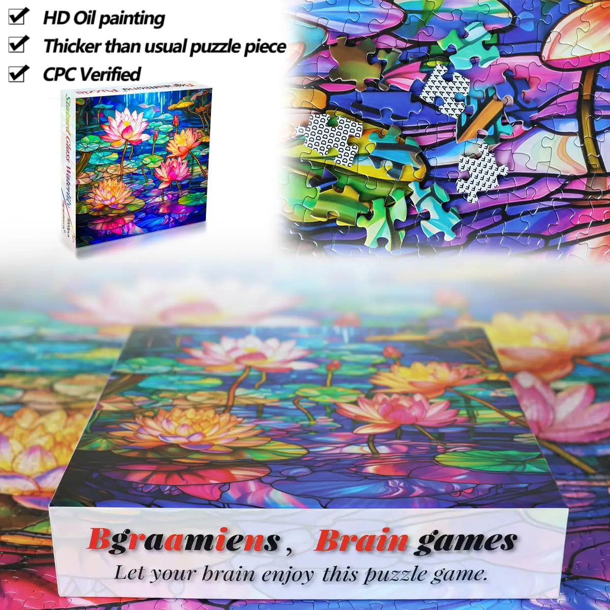 Bgraamiens Stained Glass Waterlily Jigsaw Puzzle 1000-Piece | Vibrant Floral Art for Adults - view 5