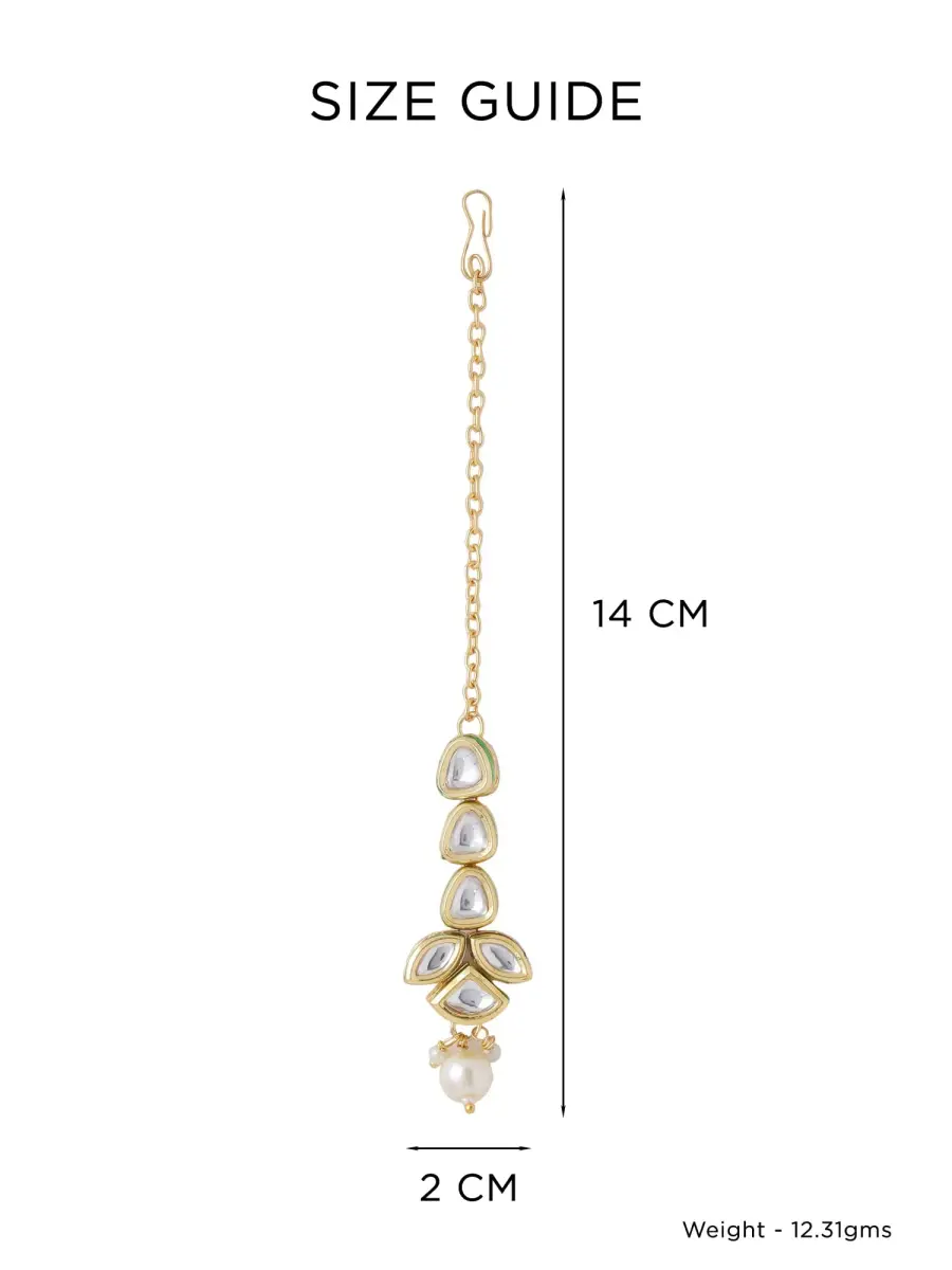 Yellow Chimes Kundan Maang Tikka for Women Gold Toned White Beads Drop | 14cm (5.5in) - view 4