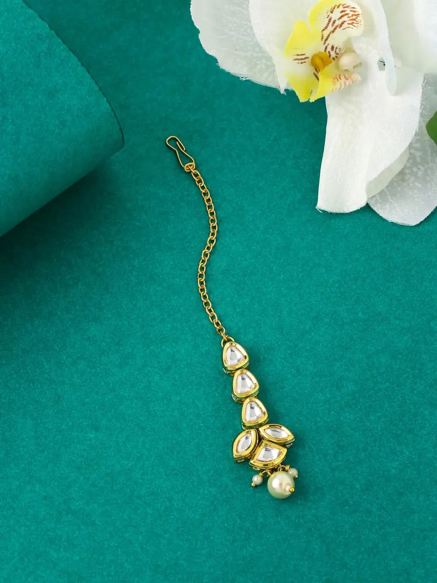 Yellow Chimes Kundan Maang Tikka for Women Gold Toned White Beads Drop | 14cm (5.5in) - view 3