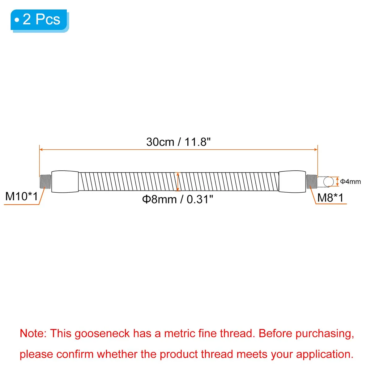 PATIKIL 11.8" Universal Gooseneck Hose, 2 Pcs M10 to M8 Thread | Flexible Metal Tubing for DIY & Repair - view 2