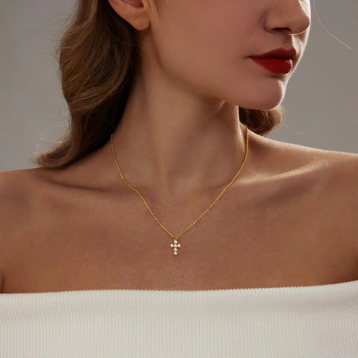 HERIER Gold Pearl Cross Necklace for Women 18K Gold Plated 41.9cm (16.5") | Faith & Fashion Jewelry - view 2
